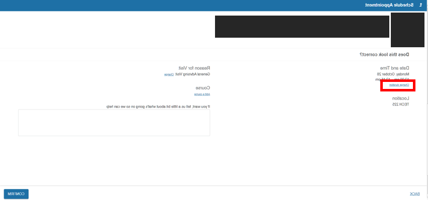 屏幕截图的海星计划约会页面与更改持续时间链接文本在红色圈, 页包括日期和时间, 位置, 到访原因, 课程, 和文本区域框, 和确认按钮