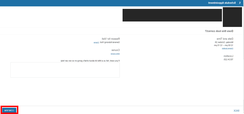 屏幕截图的海星日程预约页面与确认按钮圈在红色, 页包括日期和时间, 位置, 到访原因, 课程, 和文本区域框, 和确认按钮